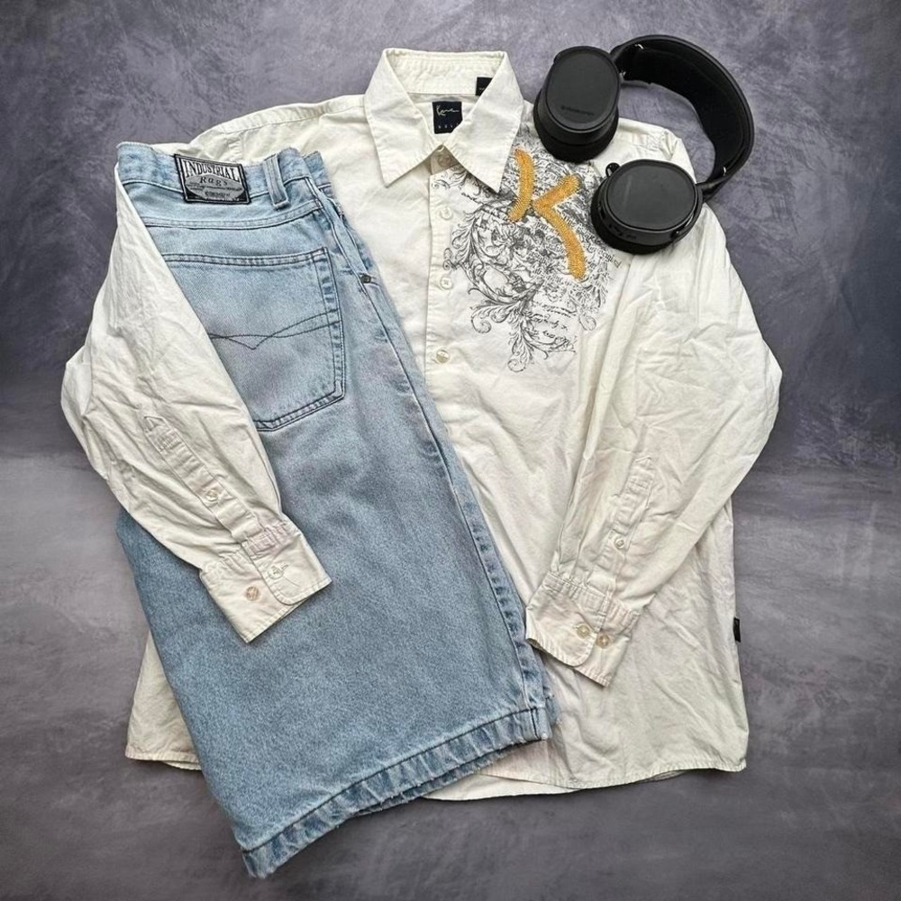 Karl Kani Gold Button Down Shirt Cream Y2K Skater Grunge Streetwear Mens XL